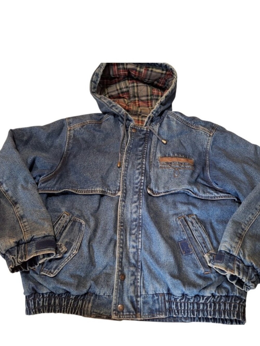 VTG Wrangler Denim Bomber Hooded Jacket  Plaid Lined Chore XL 90s